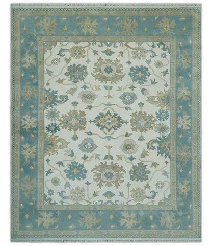 Custom Made Ivory, Teal and Beige Floral Hand Knotted Traditional Oushak Wool Area Rug.