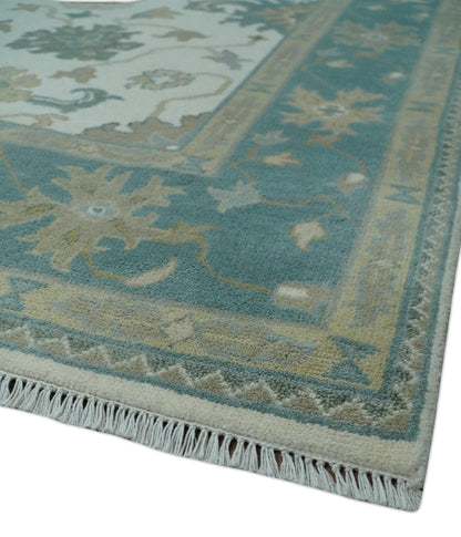 Custom Made Ivory, Teal and Beige Floral Hand Knotted Traditional Oushak Wool Area Rug.