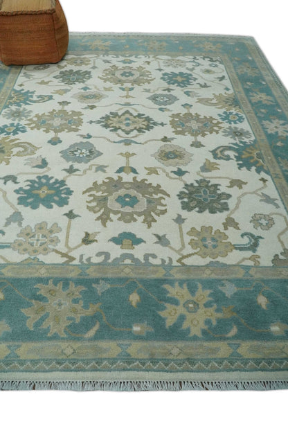 Custom Made Ivory, Teal and Beige Floral Hand Knotted Traditional Oushak Wool Area Rug.