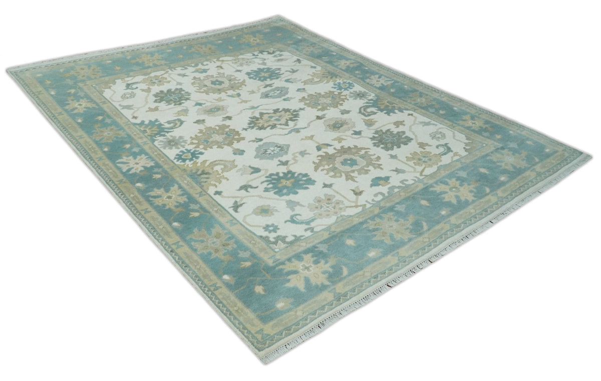 Custom Made Ivory, Teal and Beige Floral Hand Knotted Traditional Oushak Wool Area Rug.