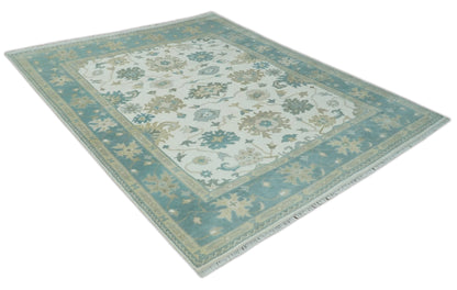 Custom Made Ivory, Teal and Beige Floral Hand Knotted Traditional Oushak Wool Area Rug.
