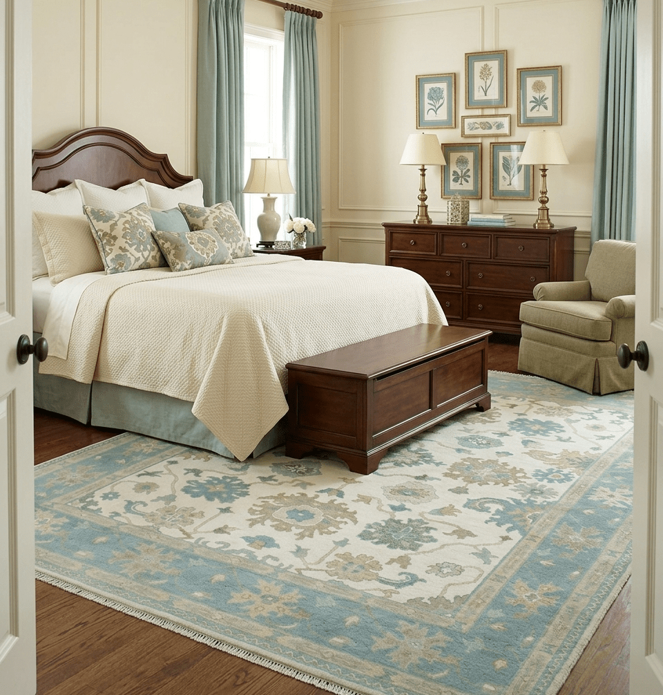 Custom Made Ivory, Teal and Beige Floral Hand Knotted Traditional Oushak Wool Area Rug.
