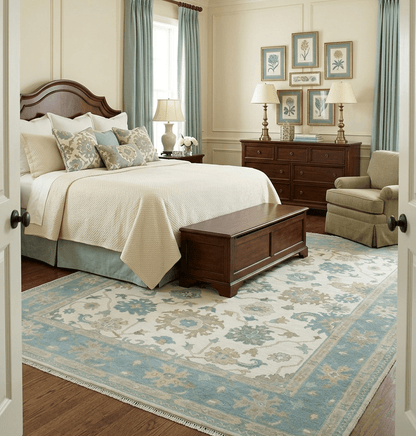 Custom Made Ivory, Teal and Beige Floral Hand Knotted Traditional Oushak Wool Area Rug.