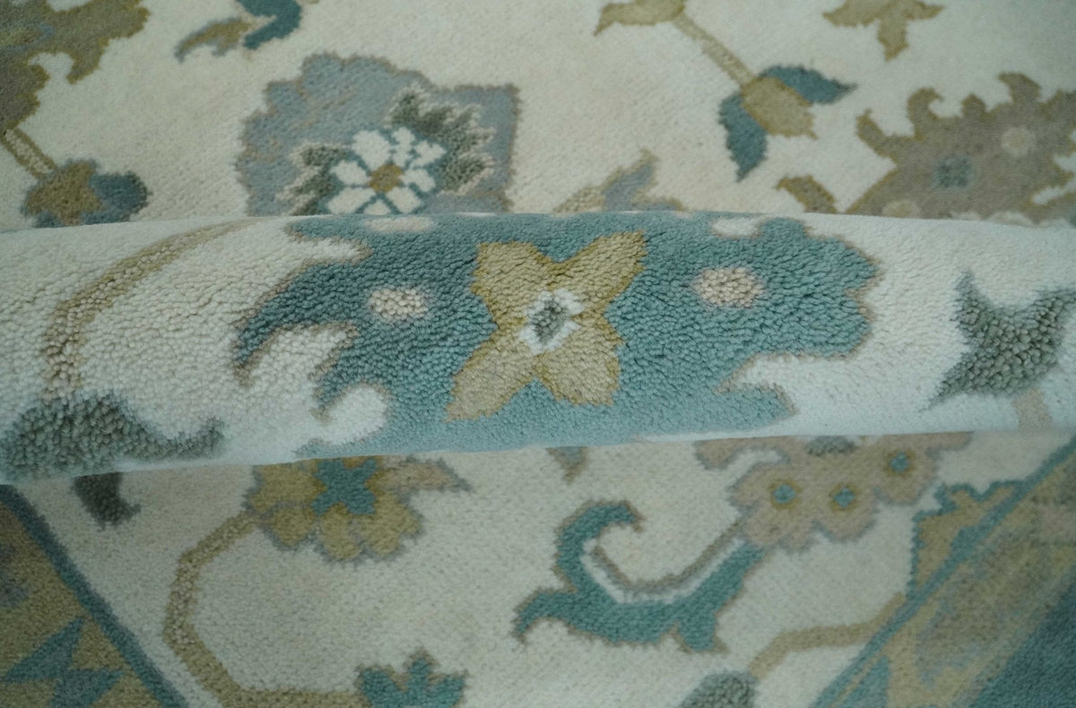 Custom Made Ivory, Teal and Beige Floral Hand Knotted Traditional Oushak Wool Area Rug.