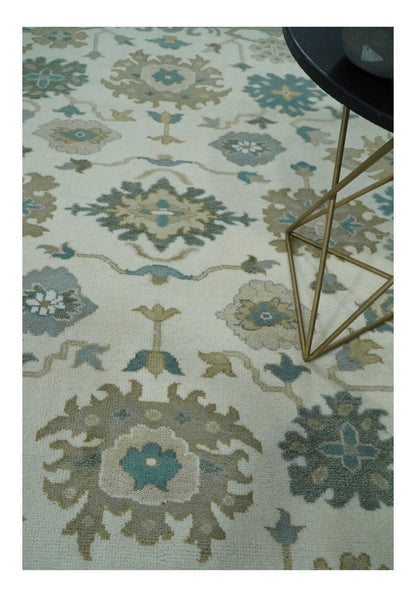 Custom Made Ivory, Teal and Beige Floral Hand Knotted Traditional Oushak Wool Area Rug.