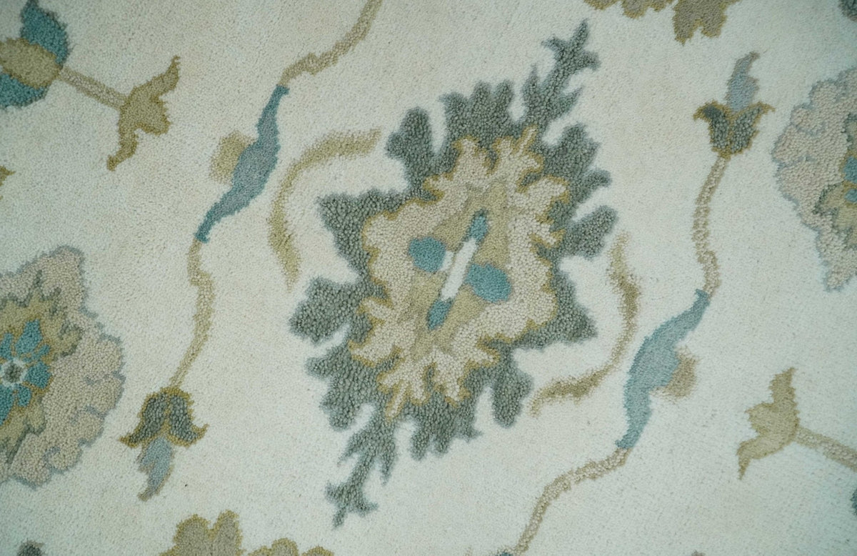 Custom Made Ivory, Teal and Beige Floral Hand Knotted Traditional Oushak Wool Area Rug.