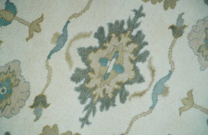 Custom Made Ivory, Teal and Beige Floral Hand Knotted Traditional Oushak Wool Area Rug.