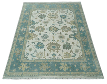 Custom Made Ivory, Teal and Beige Floral Hand Knotted Traditional Oushak Wool Area Rug.