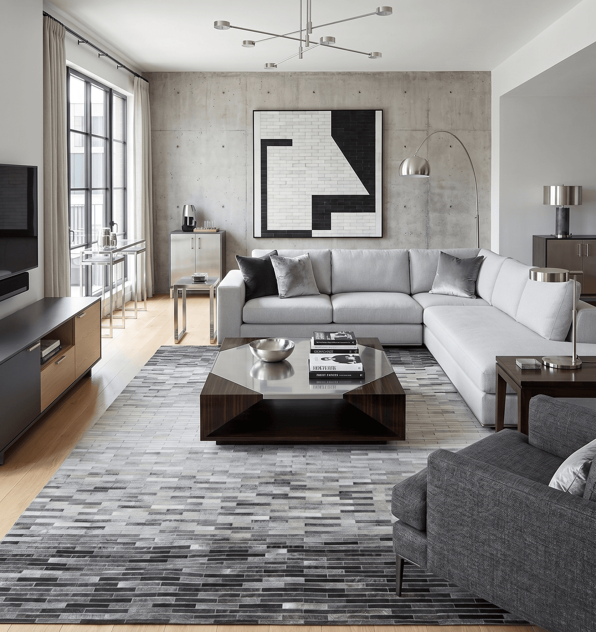 Custom Made Leather Striped Gray and Silver Leather Rug.