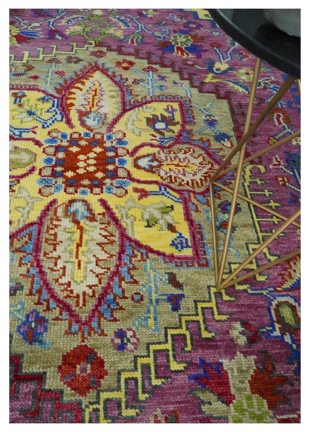 Custom Made Light Green and Purple Medallion Traditional Hand Knotted Wool Area Rug.