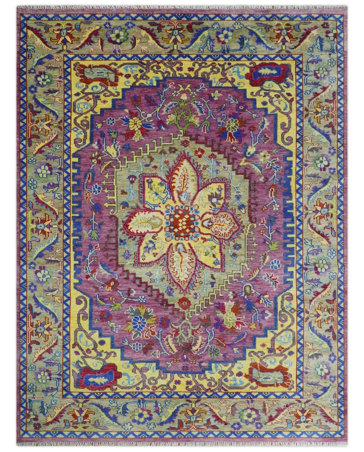Custom Made Light Green and Purple Medallion Traditional Hand Knotted Wool Area Rug.