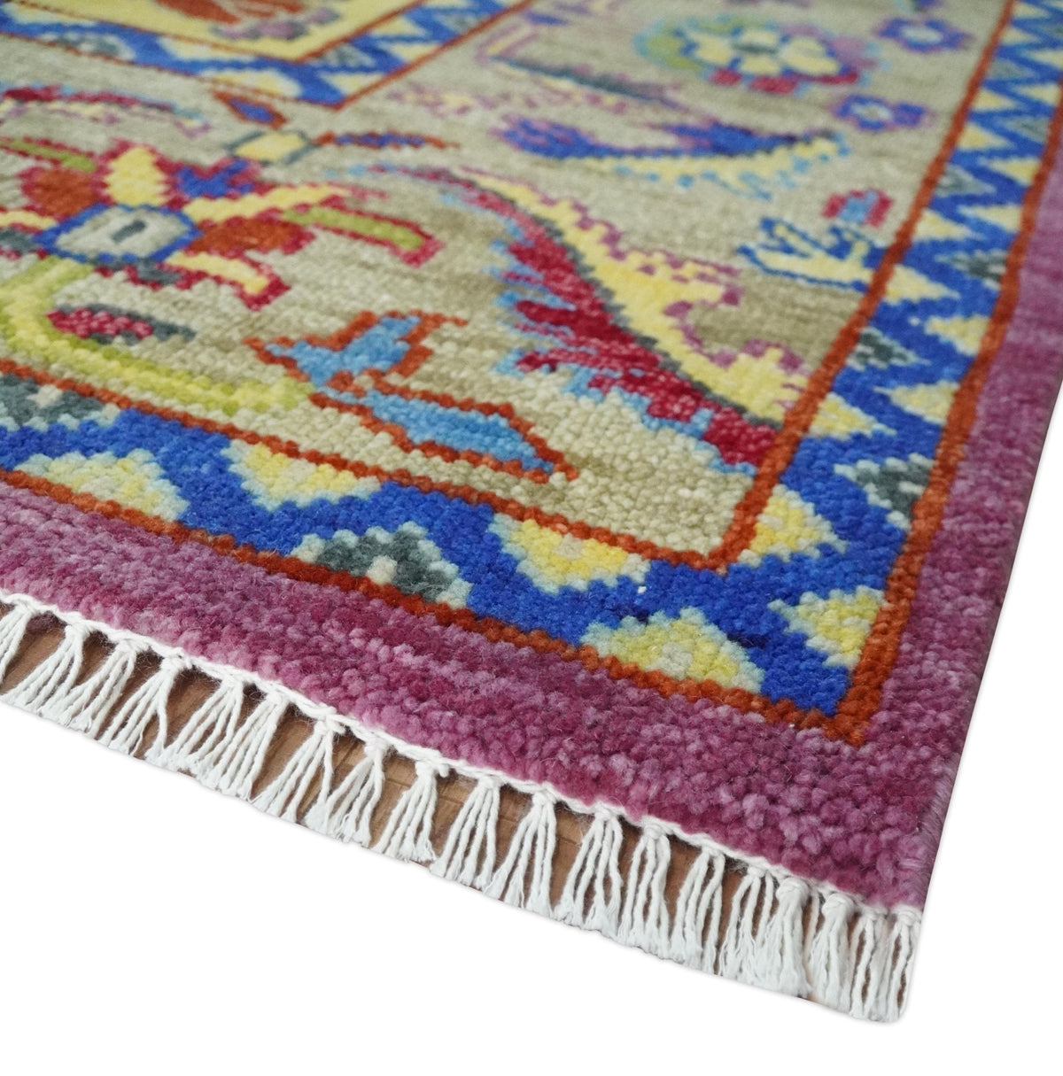 Custom Made Light Green and Purple Medallion Traditional Hand Knotted Wool Area Rug.