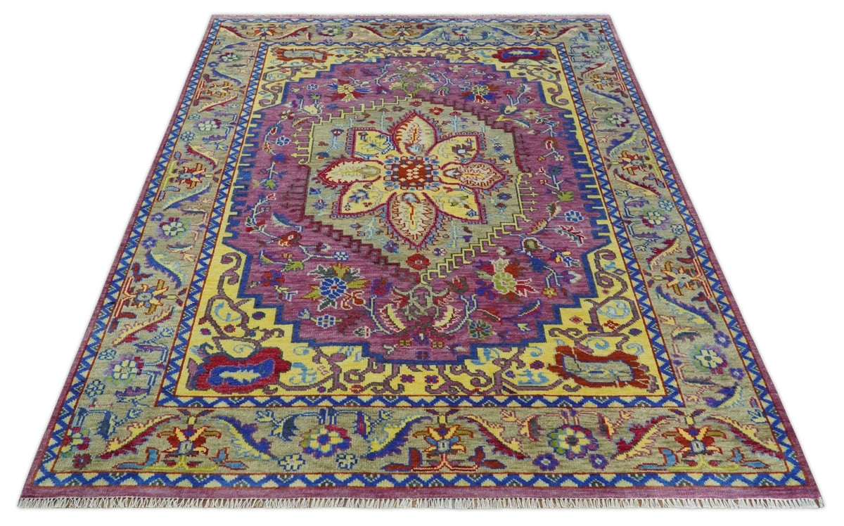 Custom Made Light Green and Purple Medallion Traditional Hand Knotted Wool Area Rug.