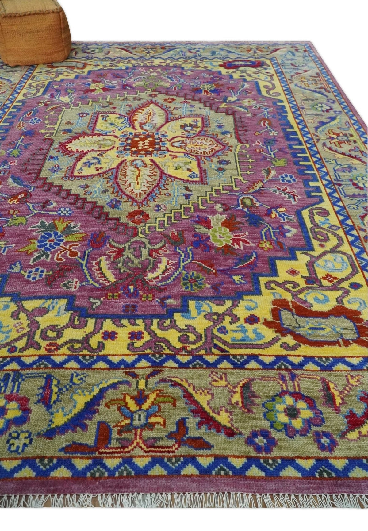 Custom Made Light Green and Purple Medallion Traditional Hand Knotted Wool Area Rug.