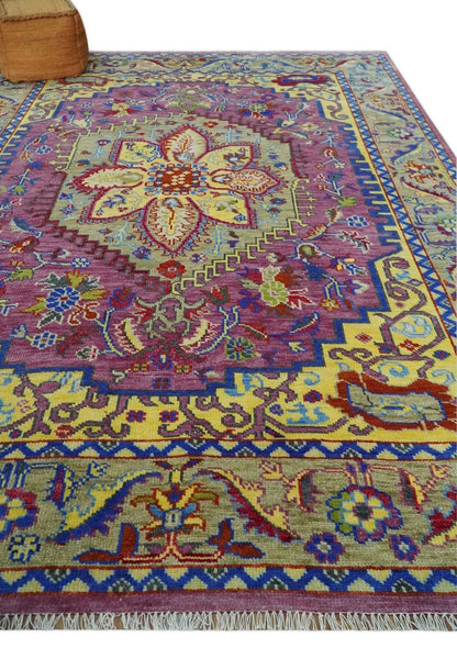 Custom Made Light Green and Purple Medallion Traditional Hand Knotted Wool Area Rug.