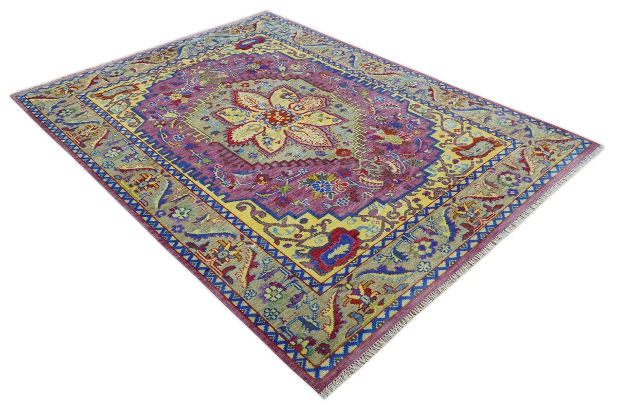 Custom Made Light Green and Purple Medallion Traditional Hand Knotted Wool Area Rug.