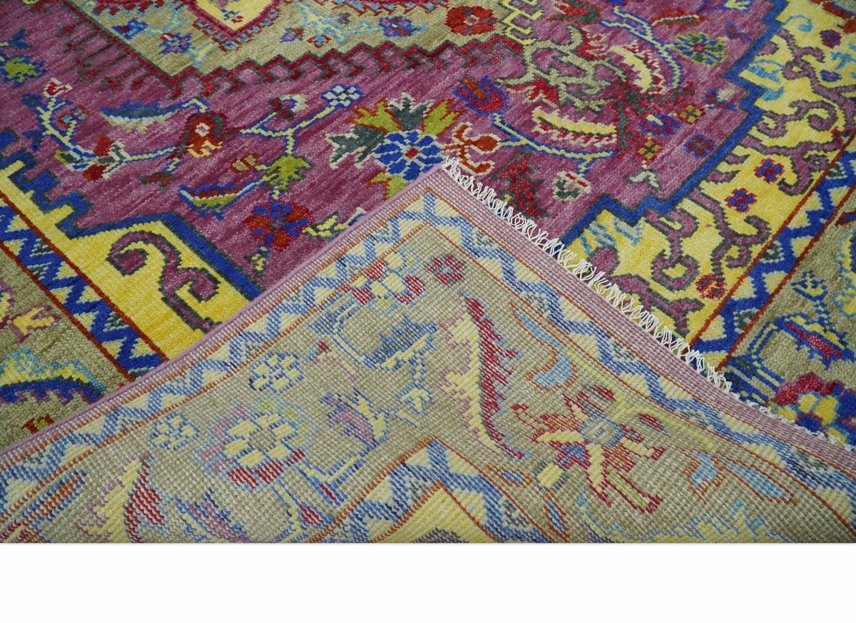 Custom Made Light Green and Purple Medallion Traditional Hand Knotted Wool Area Rug.