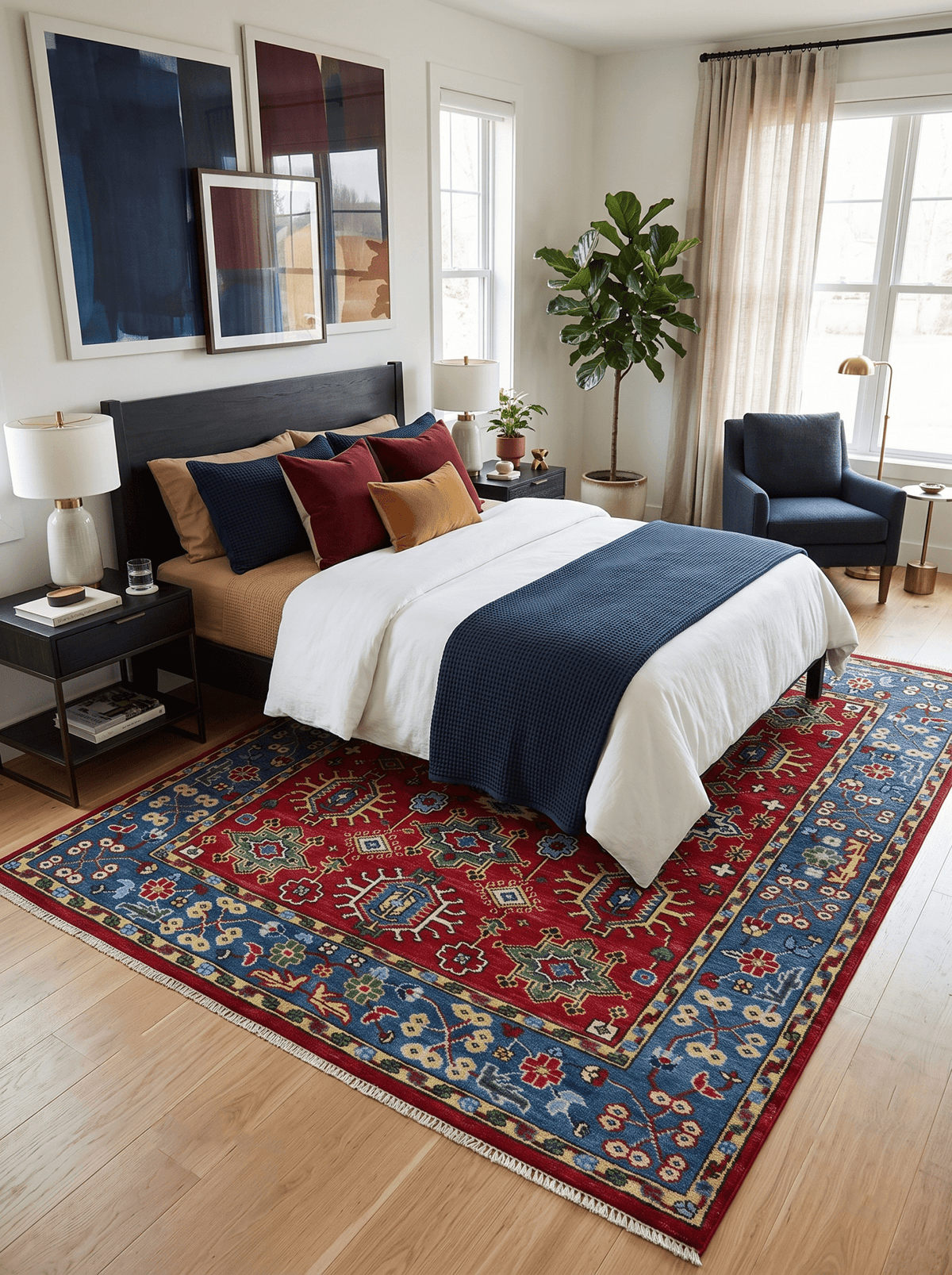 Custom Made Maroon and Blue Antique Turkish Hand Knotted Wool Area Rug.