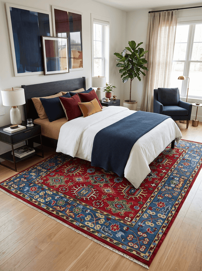 Custom Made Maroon and Blue Antique Turkish Hand Knotted Wool Area Rug.