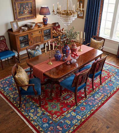 Custom Made Maroon and Blue Antique Turkish Hand Knotted Wool Area Rug.
