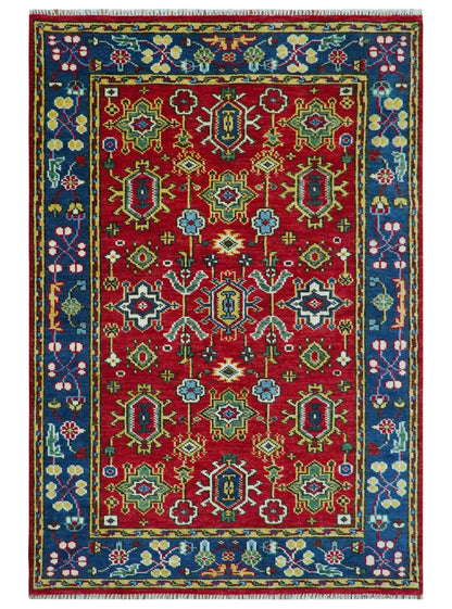Custom Made Maroon and Blue Antique Turkish Hand Knotted Wool Area Rug.