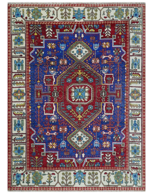 Custom Made Maroon, Blue and ivory Hand Knotted Traditional Wool Rug.