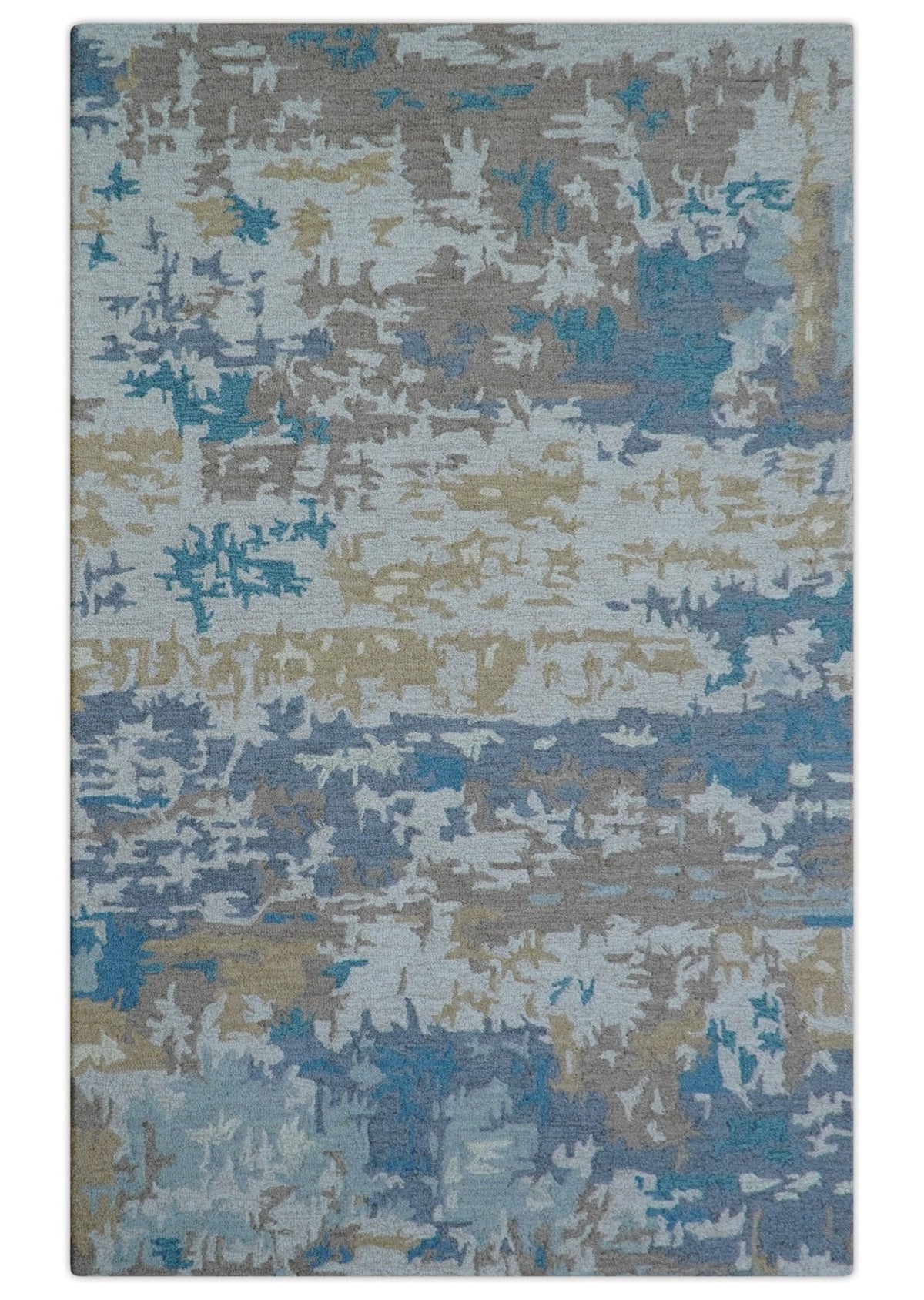 Custom Made Modern Abstract Blue And Beige Hand Tufted Wool Area Rug.