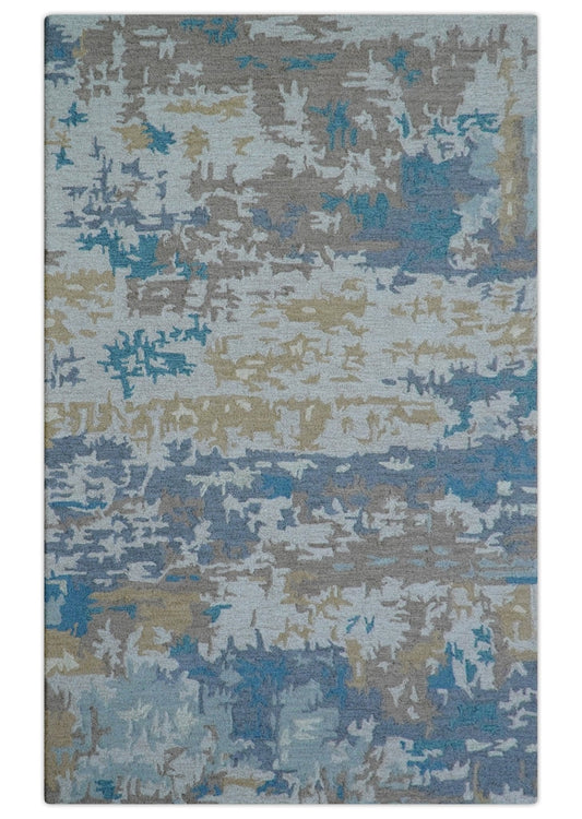 Custom Made Modern Abstract Blue And Beige Hand Tufted Wool Area Rug.
