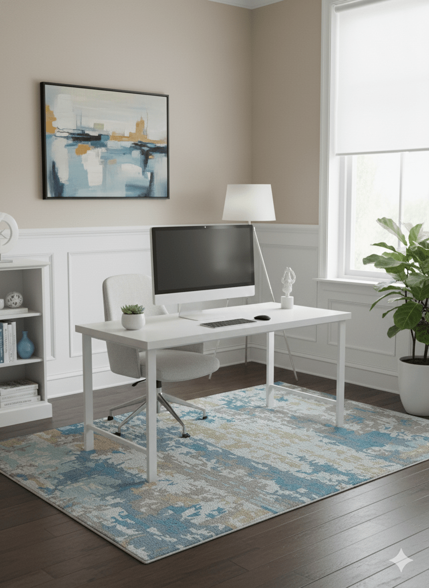 Custom Made Modern Abstract Blue And Beige Hand Tufted Wool Area Rug.