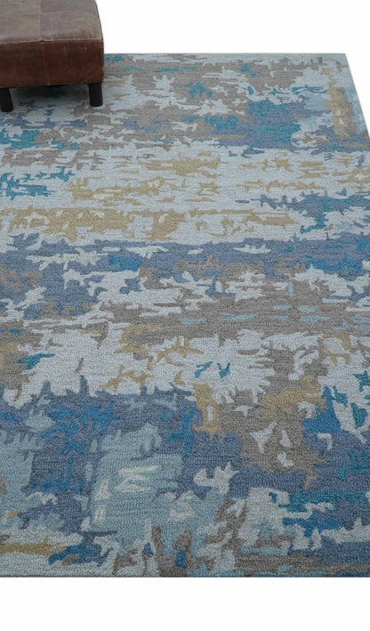 Custom Made Modern Abstract Blue And Beige Hand Tufted Wool Area Rug.