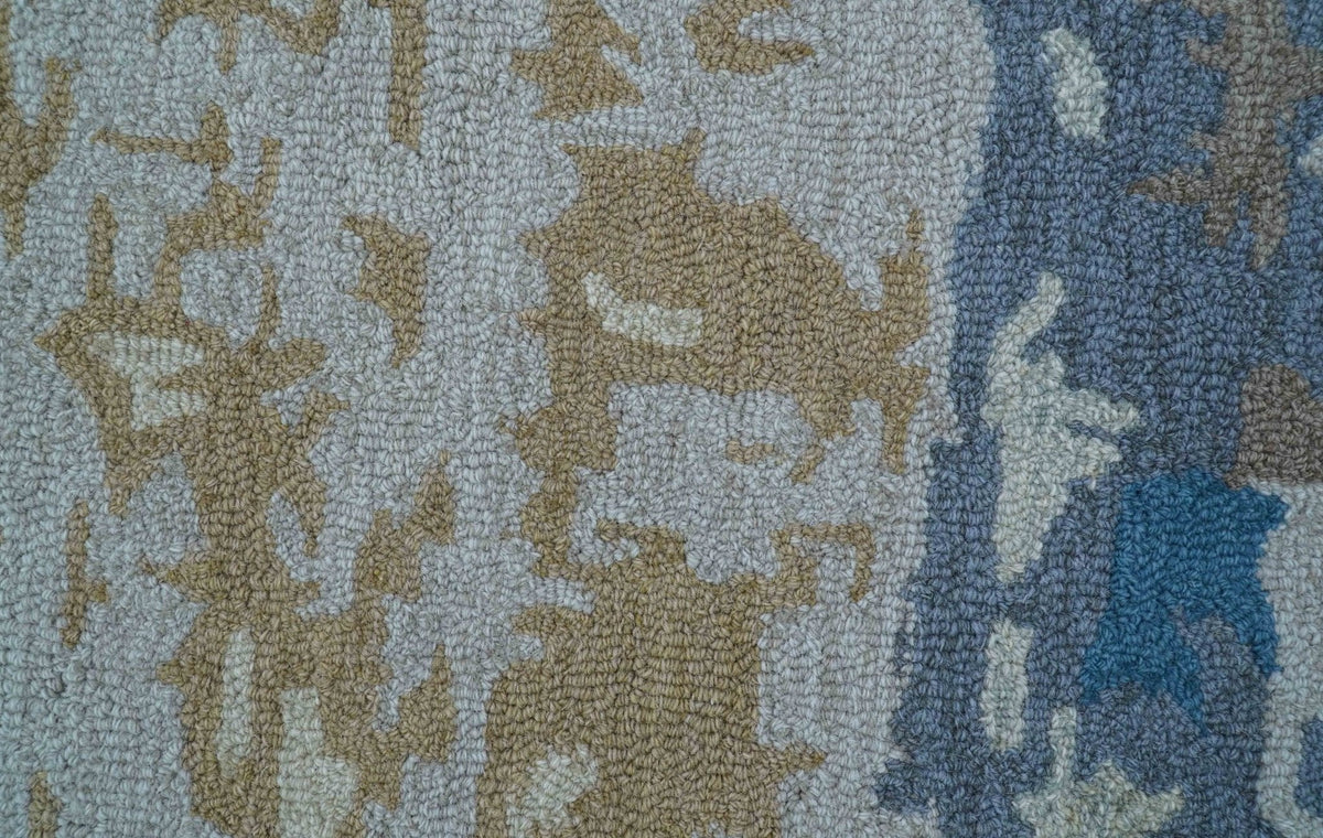 Custom Made Modern Abstract Blue And Beige Hand Tufted Wool Area Rug.