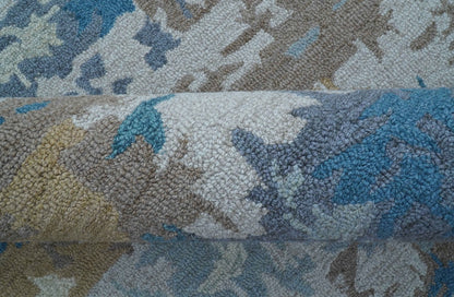 Custom Made Modern Abstract Blue And Beige Hand Tufted Wool Area Rug.
