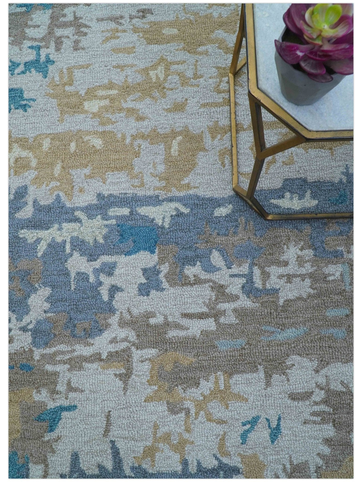 Custom Made Modern Abstract Blue And Beige Hand Tufted Wool Area Rug.