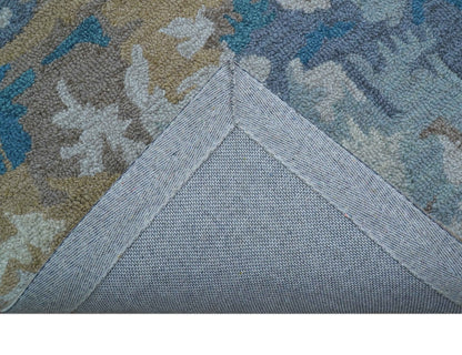 Custom Made Modern Abstract Blue And Beige Hand Tufted Wool Area Rug.