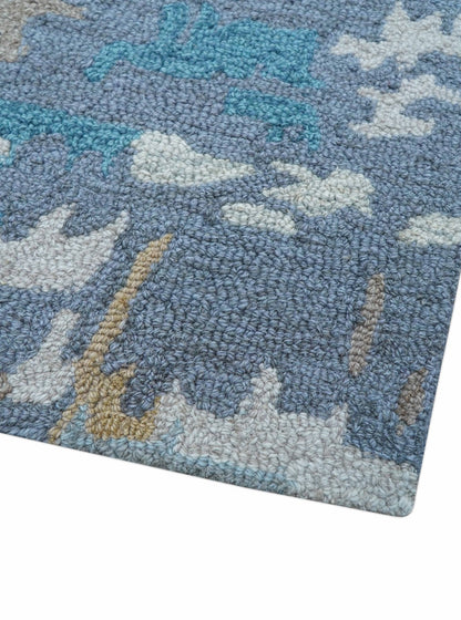 Custom Made Modern Abstract Blue And Beige Hand Tufted Wool Area Rug.