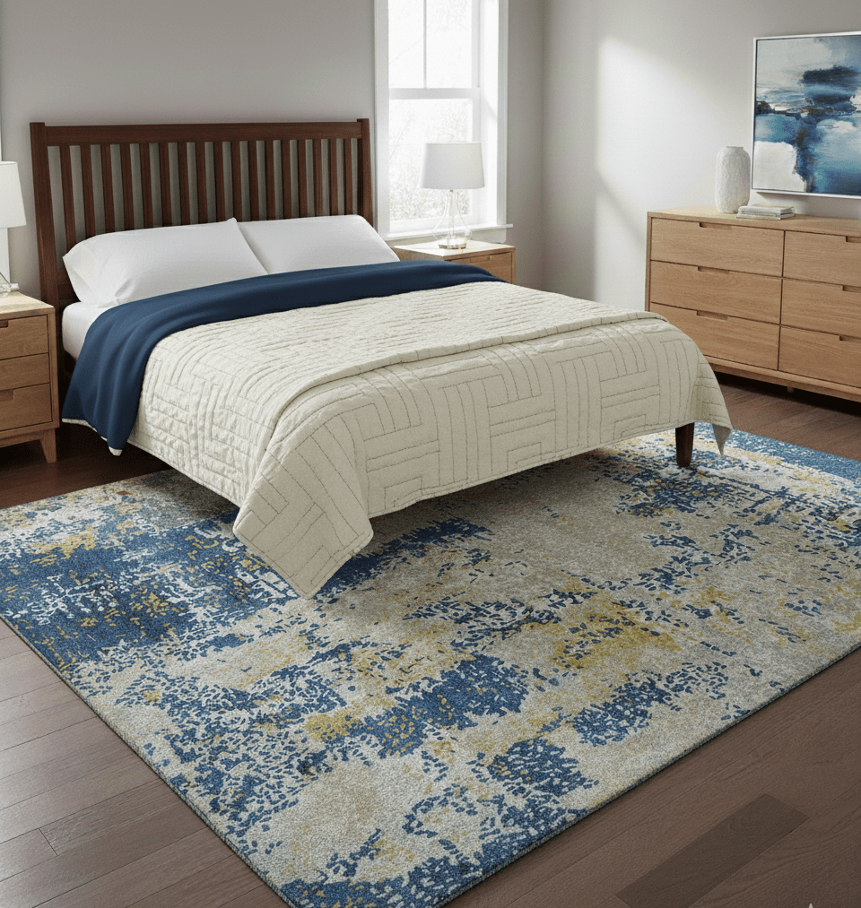 Custom Made Modern Abstract Blue And Beige Hand Tufted Wool-Art Silk Rug.