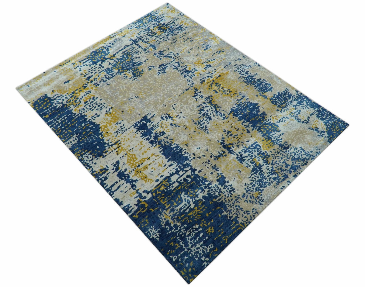 Custom Made Modern Abstract Blue And Beige Hand Tufted Wool-Art Silk Rug.
