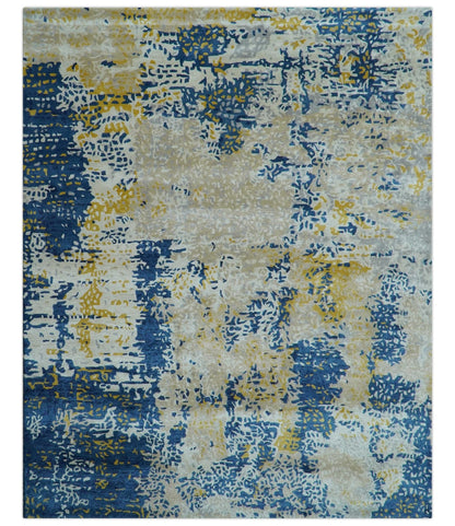 Custom Made Modern Abstract Blue And Beige Hand Tufted Wool-Art Silk Rug.