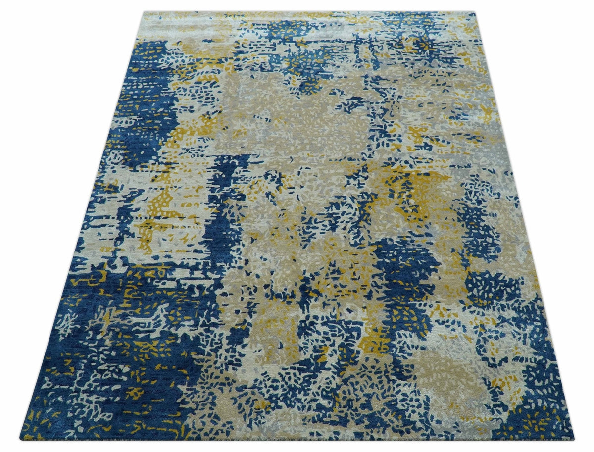 Custom Made Modern Abstract Blue And Beige Hand Tufted Wool-Art Silk Rug.