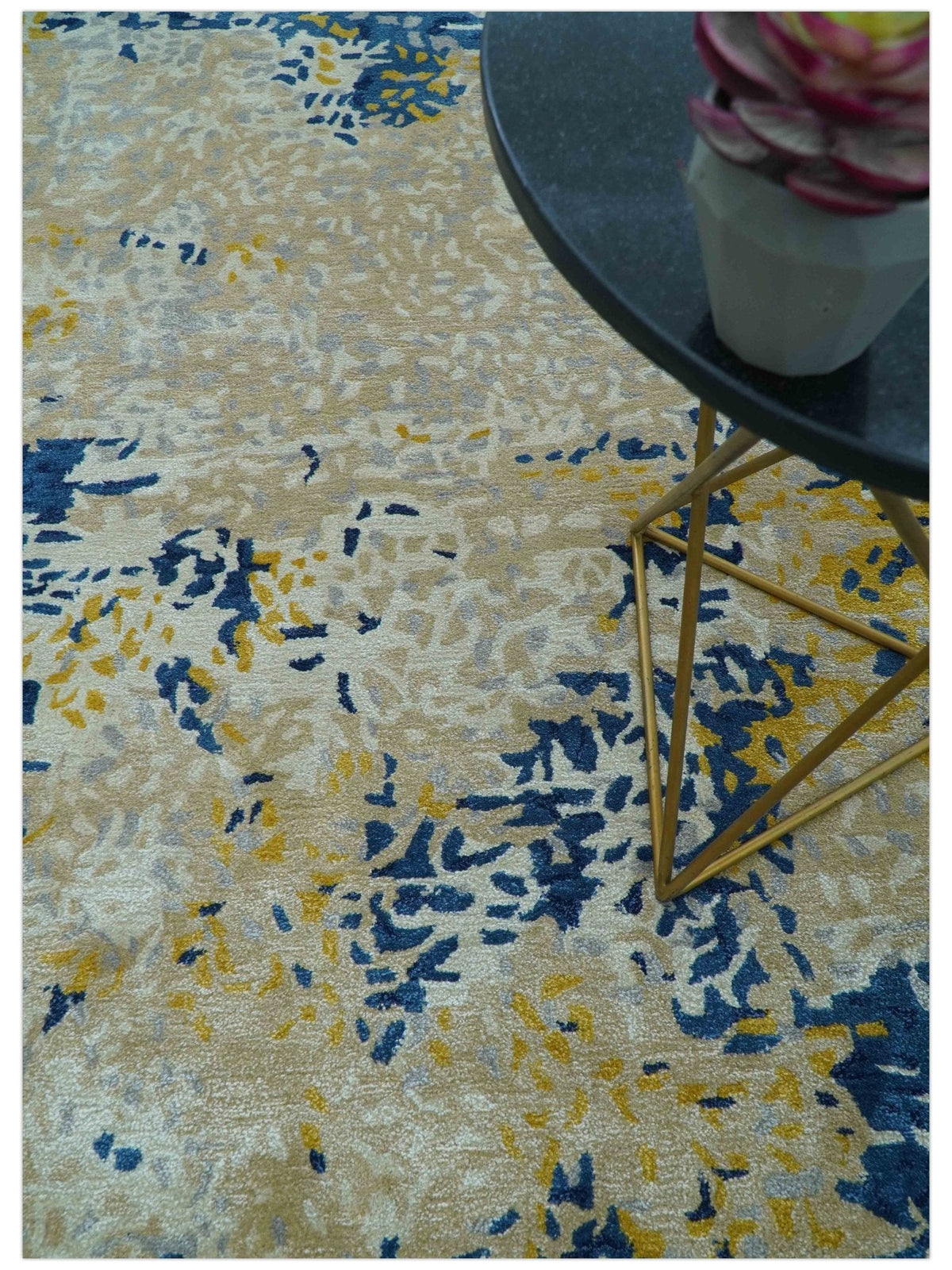 Custom Made Modern Abstract Blue And Beige Hand Tufted Wool-Art Silk Rug.