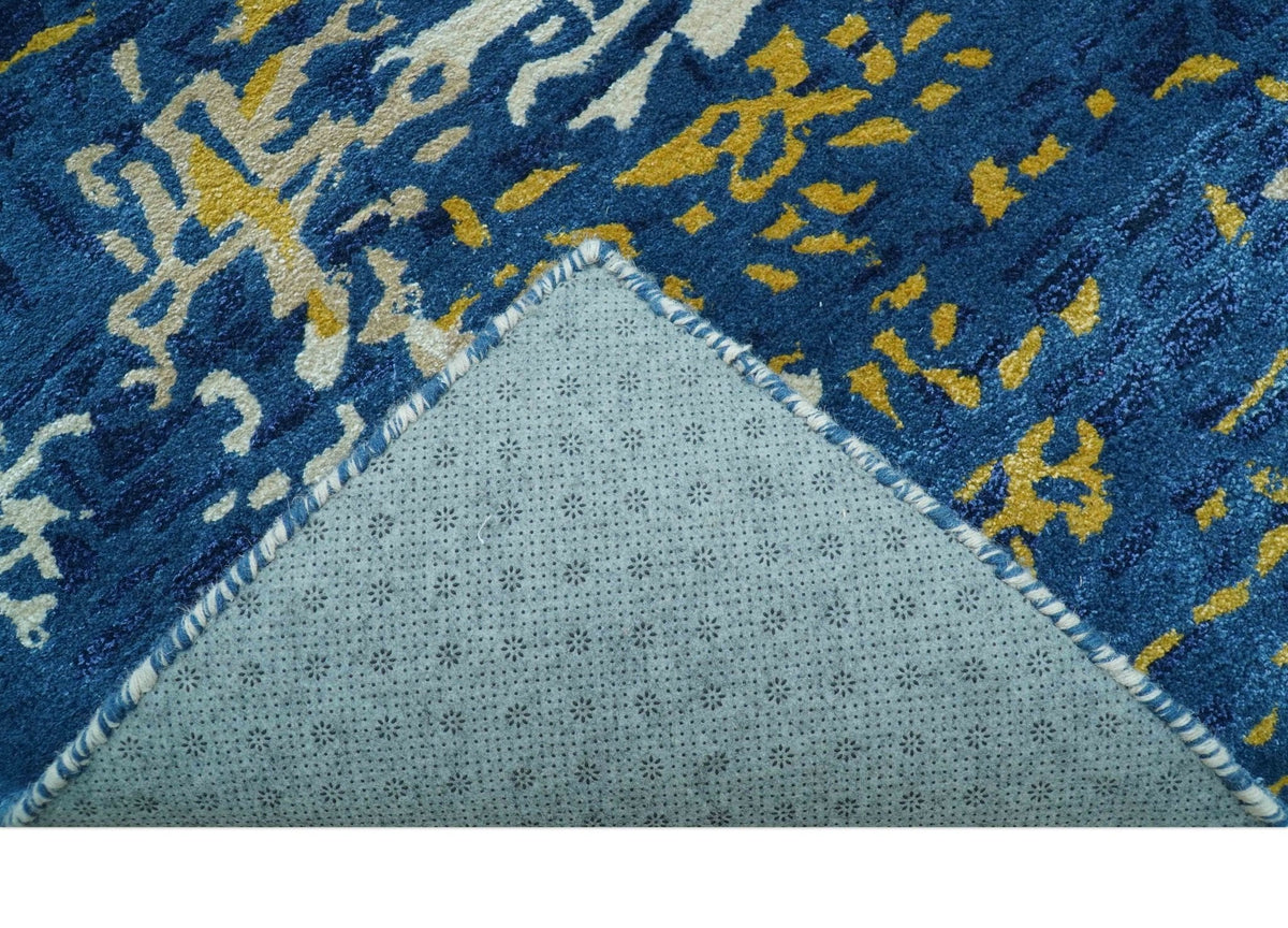 Custom Made Modern Abstract Blue And Beige Hand Tufted Wool-Art Silk Rug.