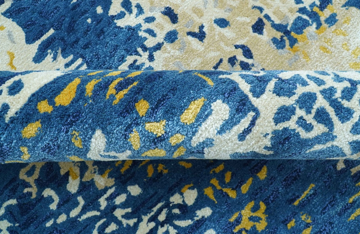 Custom Made Modern Abstract Blue And Beige Hand Tufted Wool-Art Silk Rug.