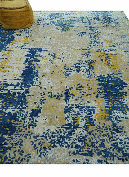 Custom Made Modern Abstract Blue And Beige Hand Tufted Wool-Art Silk Rug.