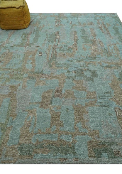 Custom Made Modern Abstract Blue Hand Tufted Wool Area Rug.