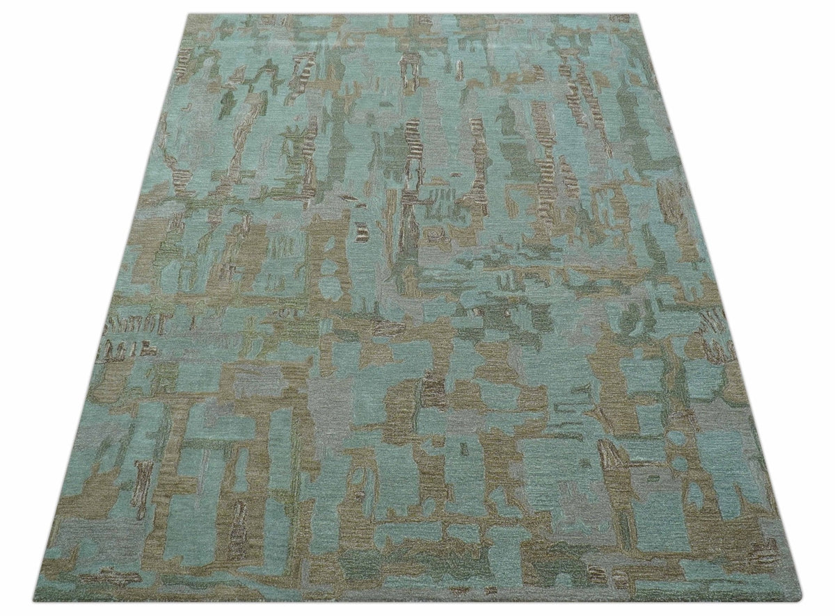 Custom Made Modern Abstract Blue Hand Tufted Wool Area Rug.