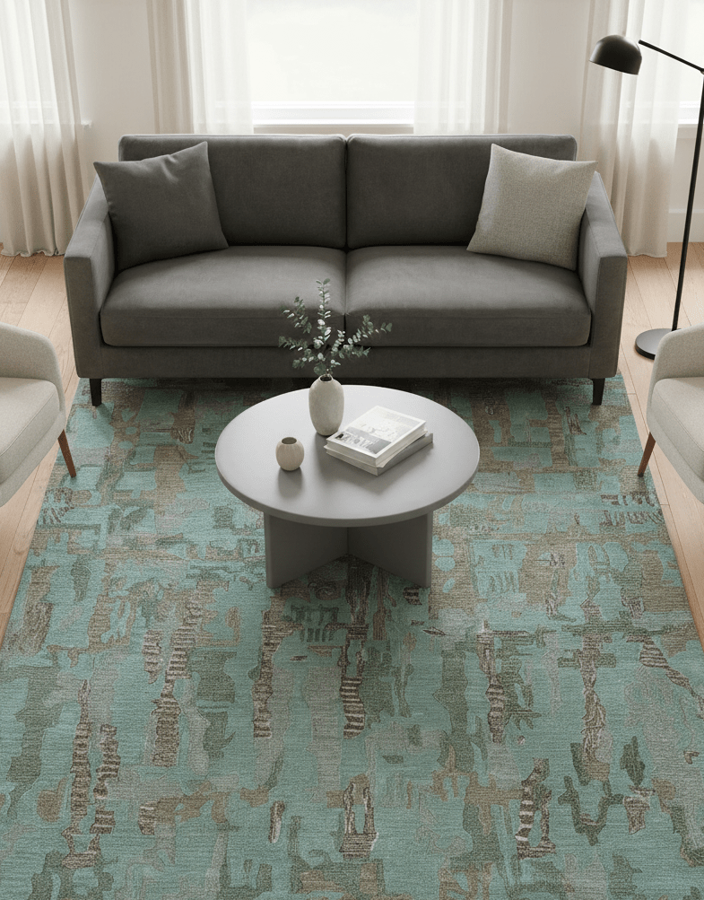 Custom Made Modern Abstract Blue Hand Tufted Wool Area Rug.