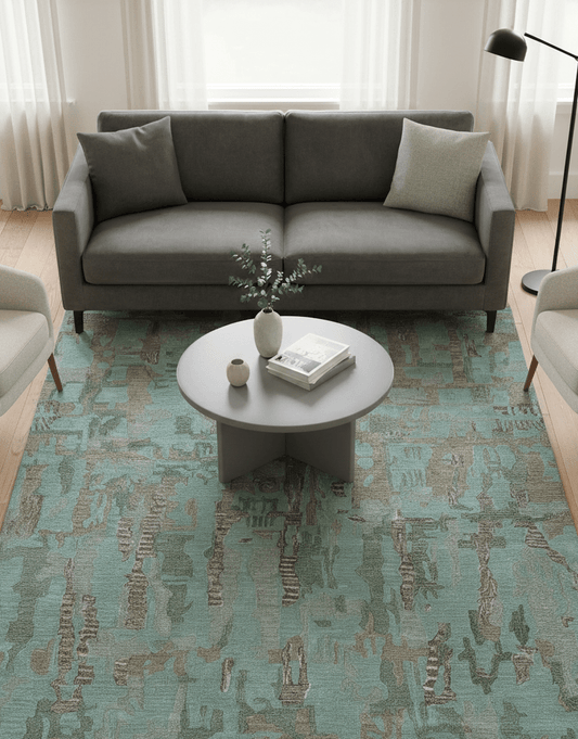 Custom Made Modern Abstract Blue Hand Tufted Wool Area Rug.