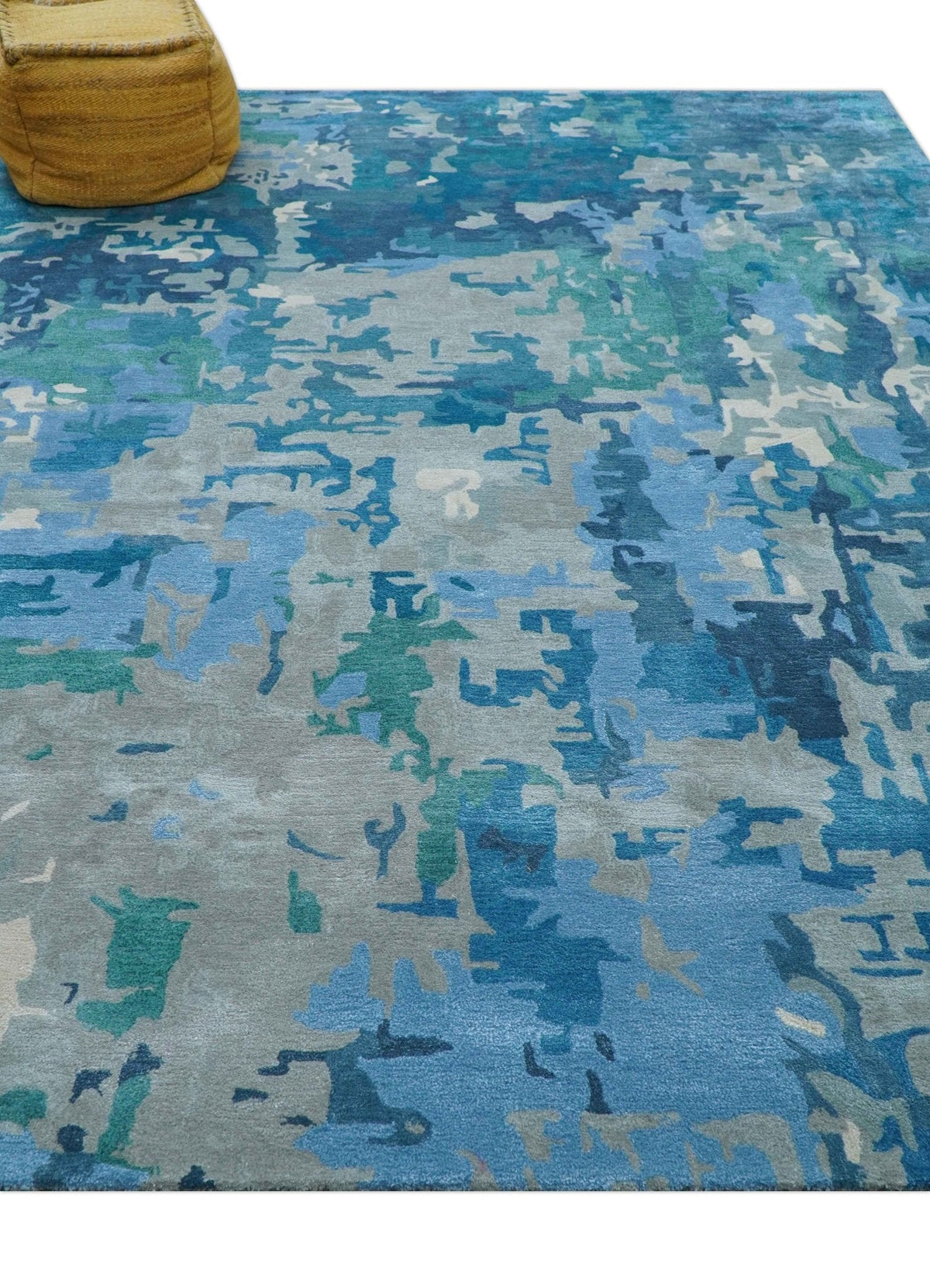 Custom Made Modern Abstract Blue Hand Tufted Wool Art-Silk Rug.