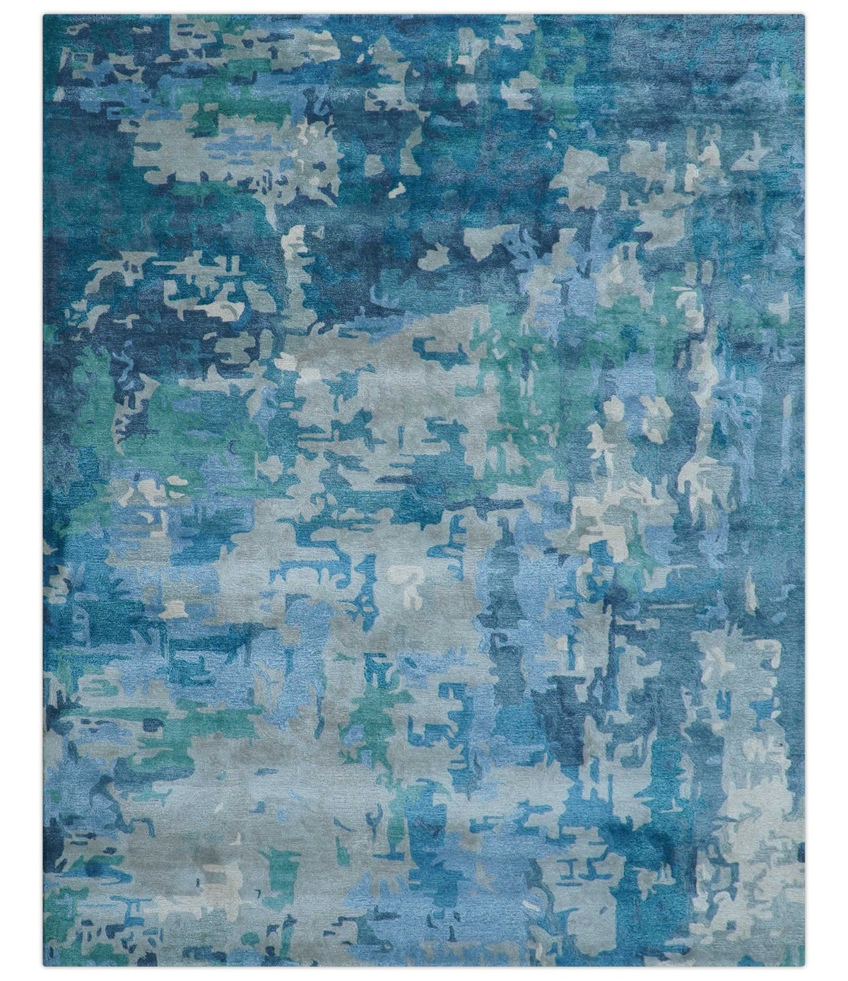 Custom Made Modern Abstract Blue Hand Tufted Wool Art-Silk Rug.
