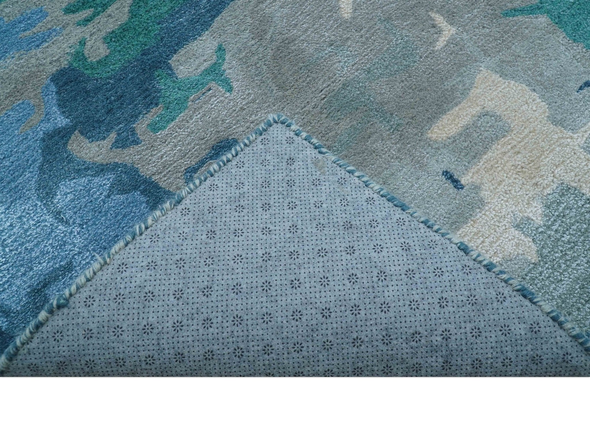 Custom Made Modern Abstract Blue Hand Tufted Wool Art-Silk Rug.